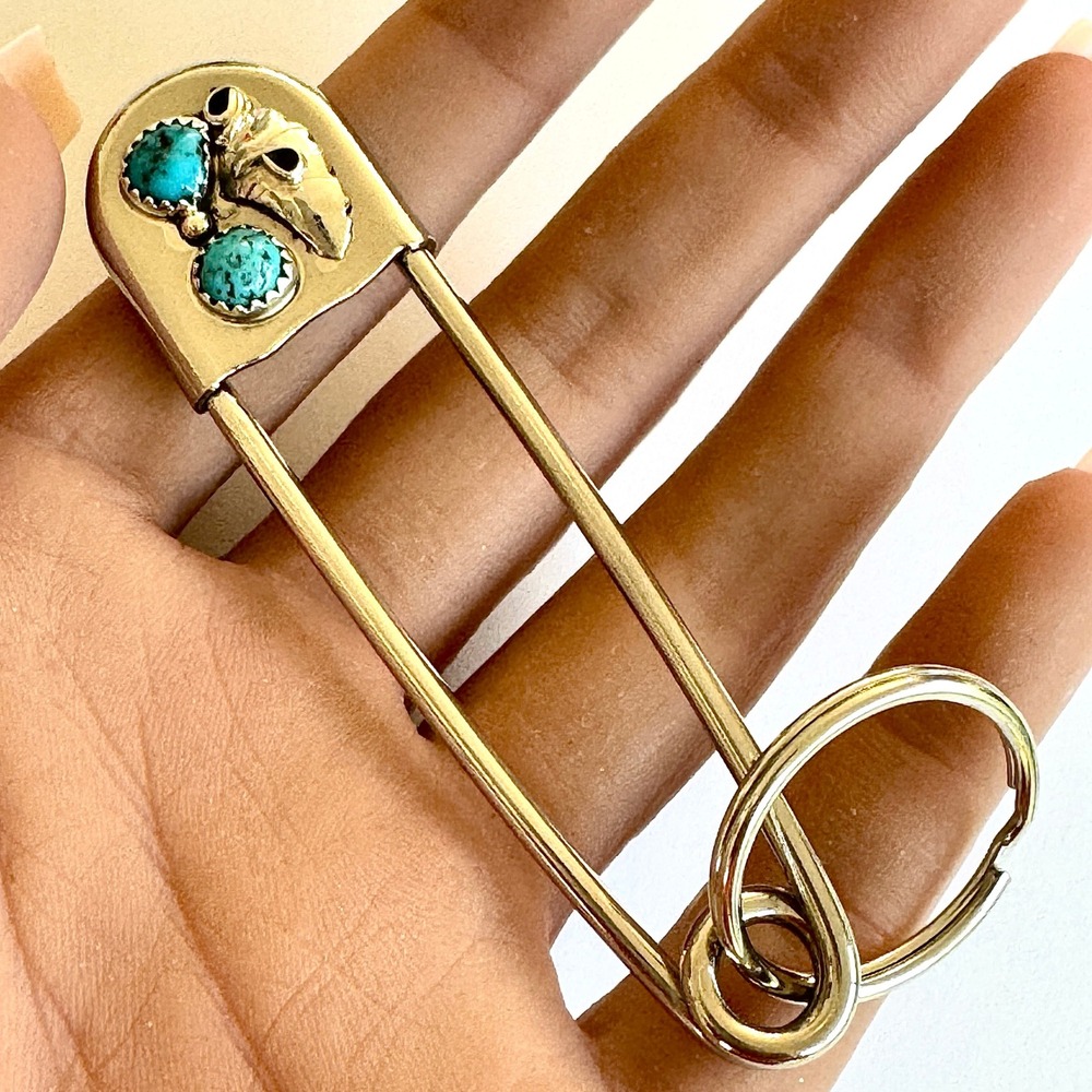 Navajo Safety Pin Keyring Turquoise Leaf Key Chain Tag 4in Mens Gift Big Native